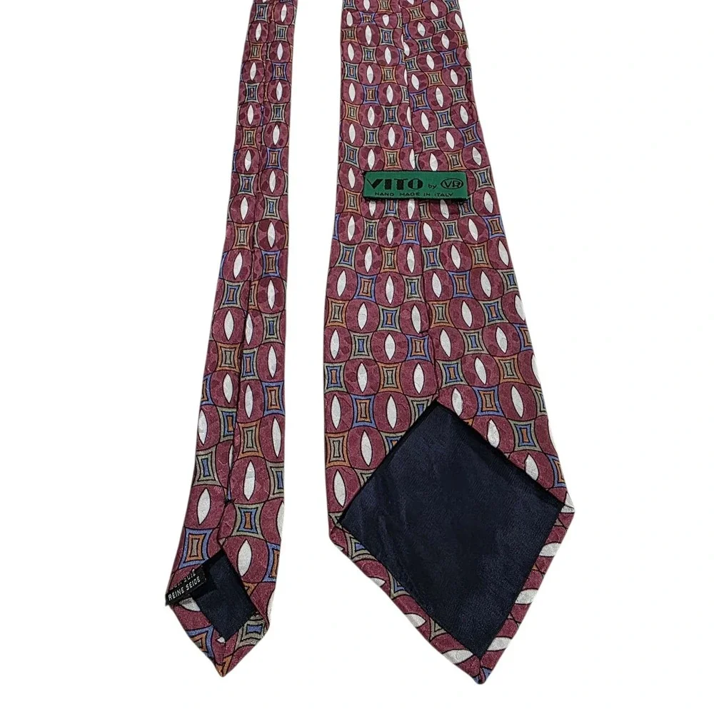 VITO by VR Mens Silk Tie Burgundy Geometric Pattern Necktie Hand Made‎ in Italy